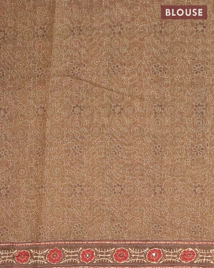Semi chanderi saree sap green shade and brown with allover ajrakh prints & kantha stitch work and kantha stitch work border - {{ collection.title }} by Prashanti Sarees