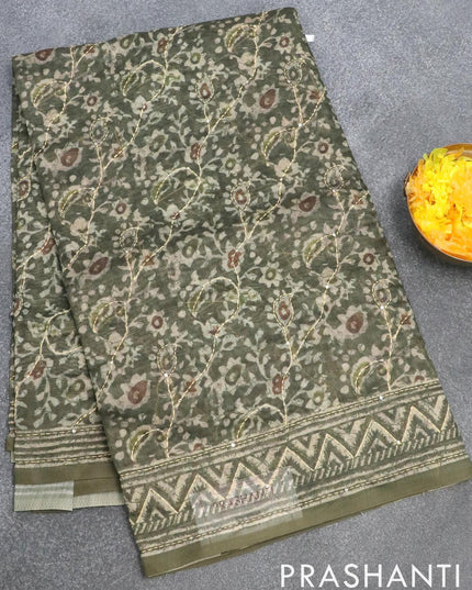Semi chanderi saree sap green with allover batik prints & kantha stitch work and simple border - {{ collection.title }} by Prashanti Sarees
