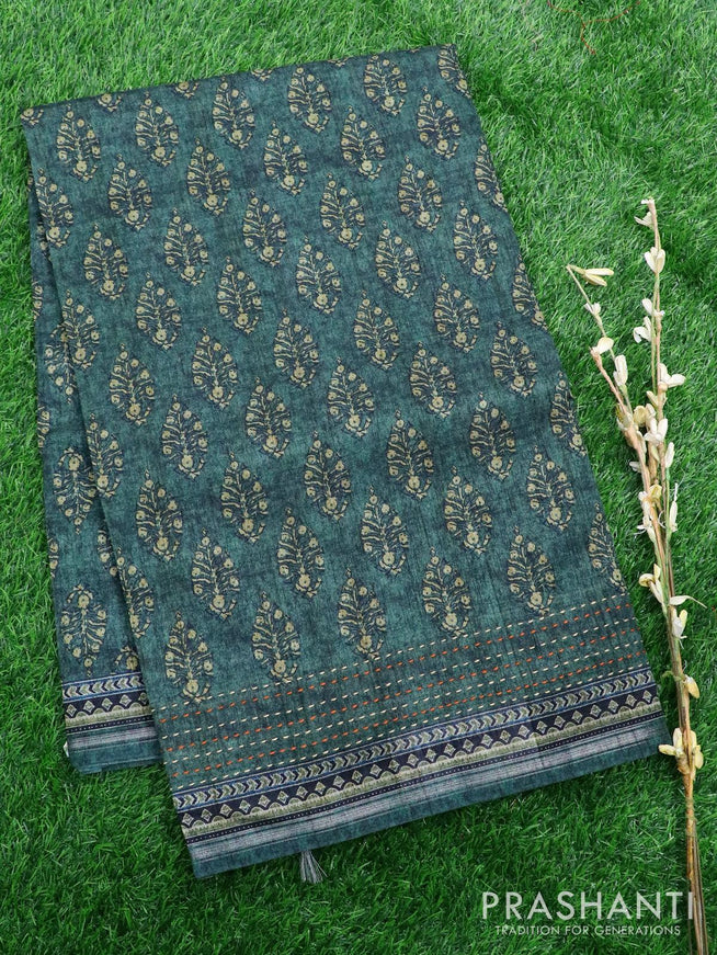 Semi chanderi saree sap green with allover floral butta prints and kantha stitch work border - {{ collection.title }} by Prashanti Sarees