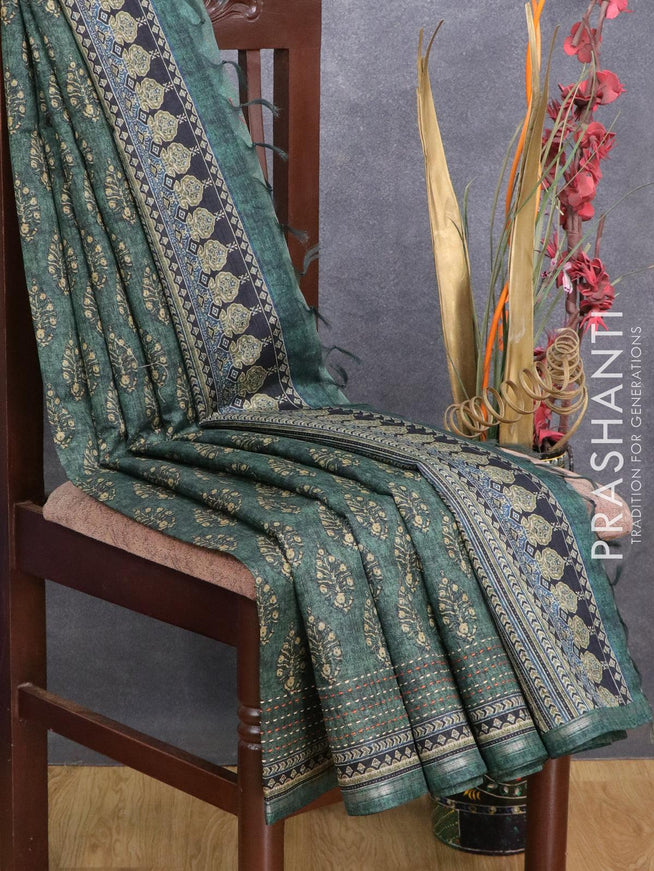 Semi chanderi saree sap green with allover floral butta prints and kantha stitch work border - {{ collection.title }} by Prashanti Sarees