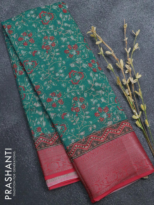 Semi chanderi saree teal blue and pink with allover prints and banarasi style border - - {{ collection.title }} by Prashanti Sarees