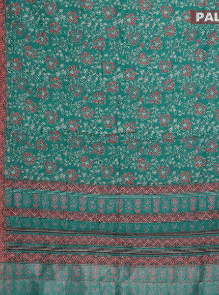 Semi chanderi saree teal blue and pink with allover prints and banarasi style border - - {{ collection.title }} by Prashanti Sarees