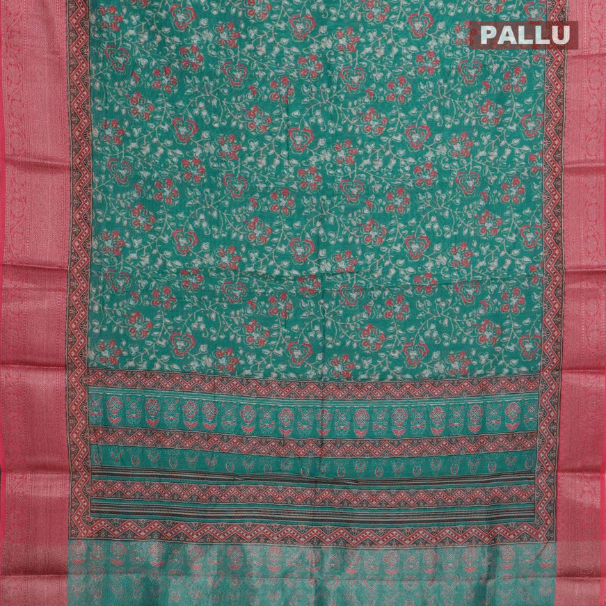 Semi chanderi saree teal blue and pink with allover prints and banarasi style border - - {{ collection.title }} by Prashanti Sarees