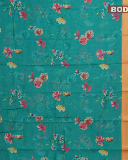 Semi chanderi saree teal blue and yellow with allover floral prints and banarasi style border - - {{ collection.title }} by Prashanti Sarees