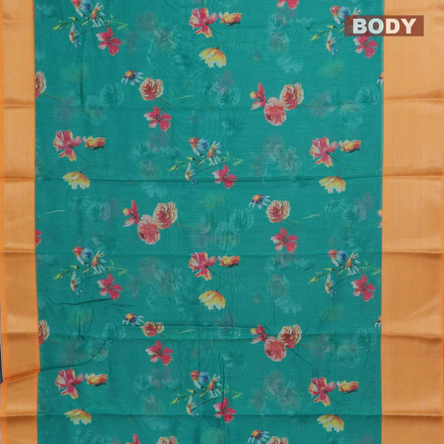 Semi chanderi saree teal blue and yellow with allover floral prints and banarasi style border - - {{ collection.title }} by Prashanti Sarees