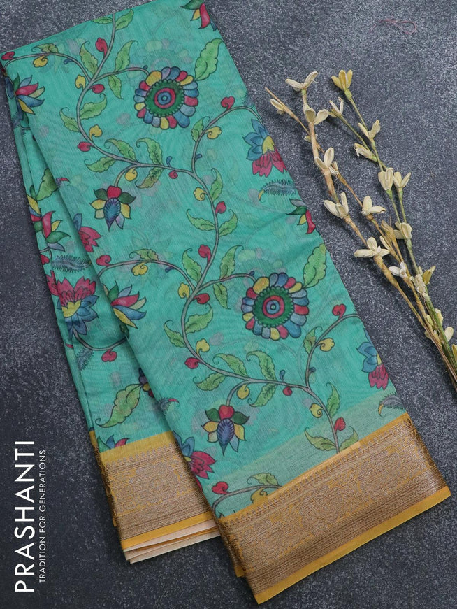 Semi chanderi saree teal blue and yellow with allover prints and banarasi style border - - {{ collection.title }} by Prashanti Sarees