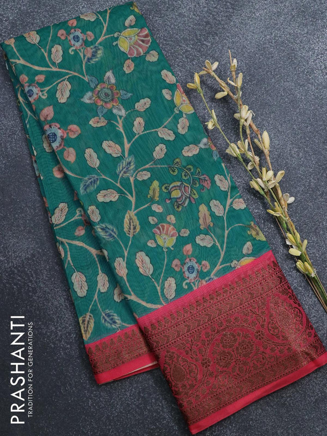 Semi chanderi saree teal green and pink with allover prints and banarasi style border - - {{ collection.title }} by Prashanti Sarees