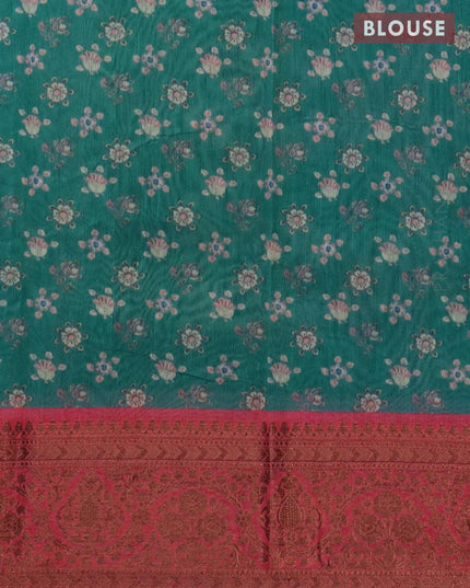 Semi chanderi saree teal green and pink with allover prints and banarasi style border - - {{ collection.title }} by Prashanti Sarees
