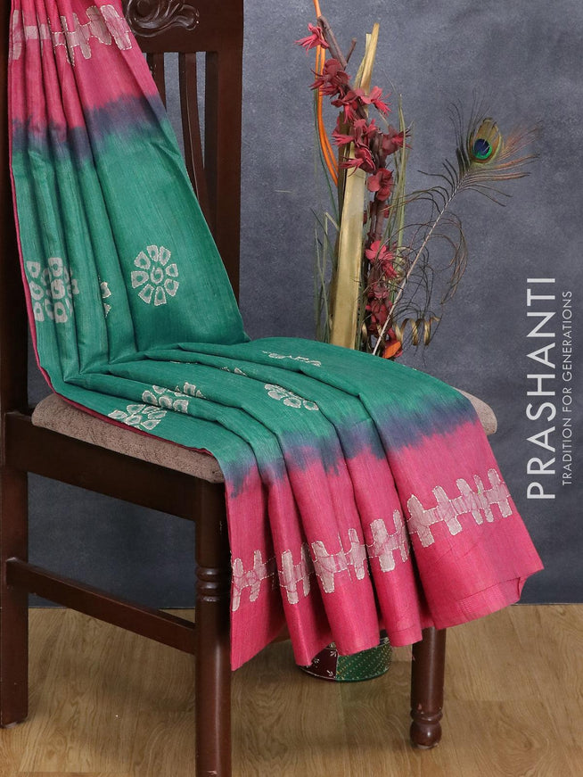 Semi chanderi saree teal green and pink with batik prints & kantha stitch work and kantha stitch work border - {{ collection.title }} by Prashanti Sarees