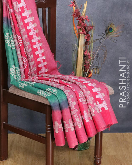 Semi chanderi saree teal green and pink with batik prints & kantha stitch work and kantha stitch work border - {{ collection.title }} by Prashanti Sarees