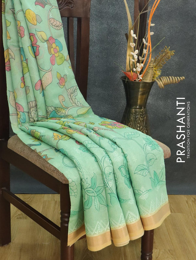 Semi chanderi saree teal green and sandal with allover floral prints and embroidery border - {{ collection.title }} by Prashanti Sarees