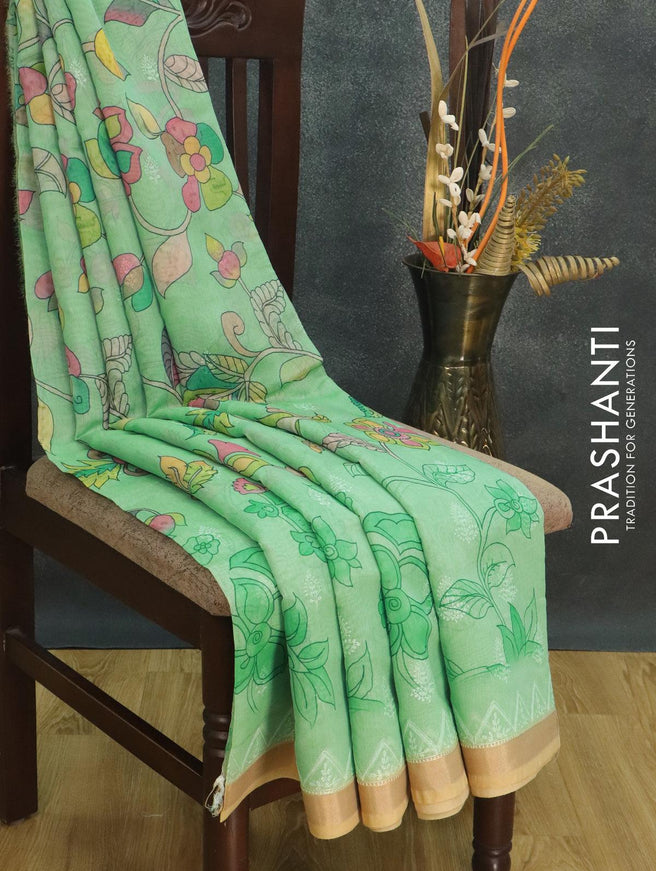 Semi chanderi saree teal green and sandal with allover floral prints and embroidery border - {{ collection.title }} by Prashanti Sarees