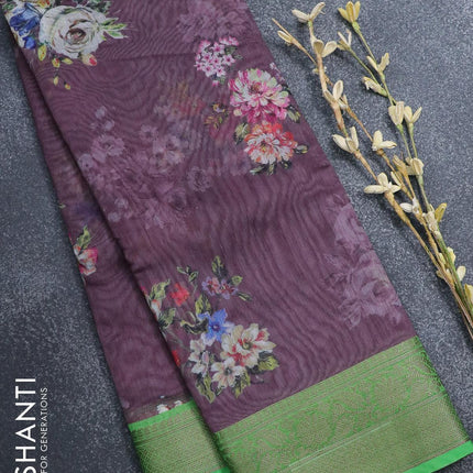 Semi chanderi saree wine shade and green with allover floral prints and banarasi style border - - {{ collection.title }} by Prashanti Sarees