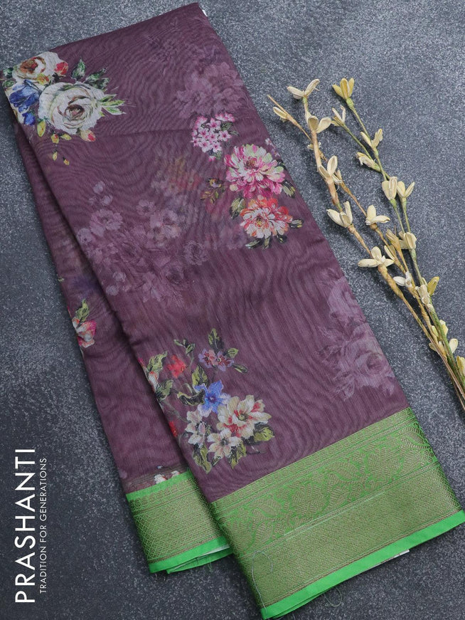 Semi chanderi saree wine shade and green with allover floral prints and banarasi style border - - {{ collection.title }} by Prashanti Sarees