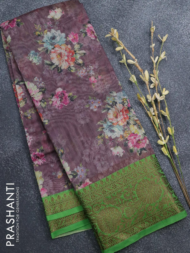 Semi chanderi saree wine shade and green with allover floral prints and banarasi style border - - {{ collection.title }} by Prashanti Sarees