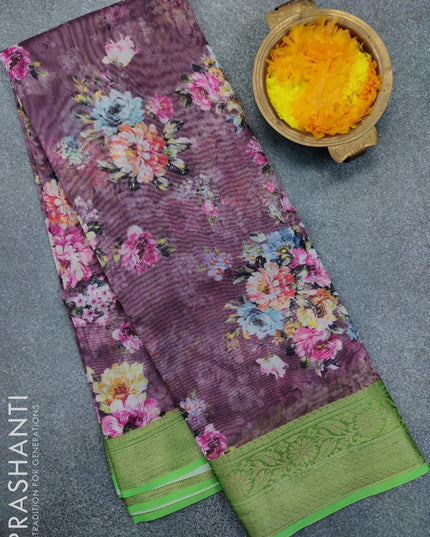Semi chanderi saree wine shade and green with allover floral prints and banarasi style border - {{ collection.title }} by Prashanti Sarees