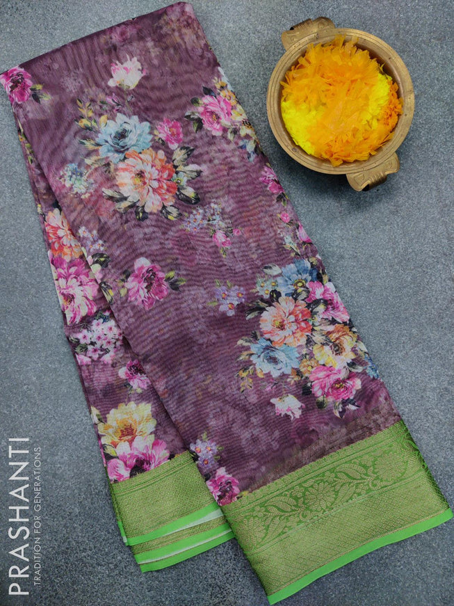 Semi chanderi saree wine shade and green with allover floral prints and banarasi style border - {{ collection.title }} by Prashanti Sarees