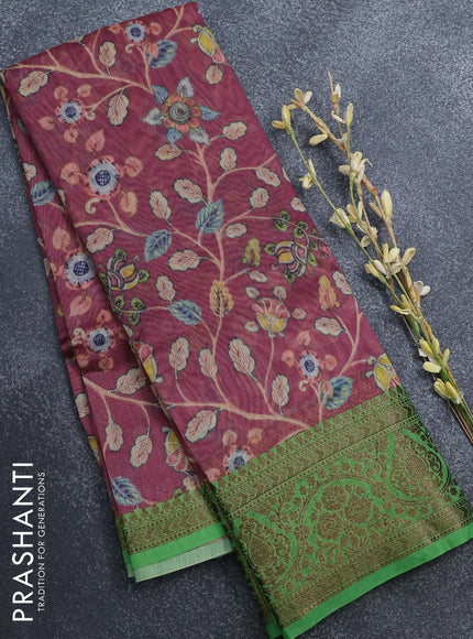Semi chanderi saree wine shade and green with allover prints and banarasi style border - - {{ collection.title }} by Prashanti Sarees