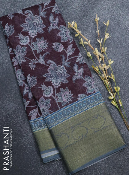 Semi chanderi saree wine shade and grey with allover prints and banarasi style border - - {{ collection.title }} by Prashanti Sarees