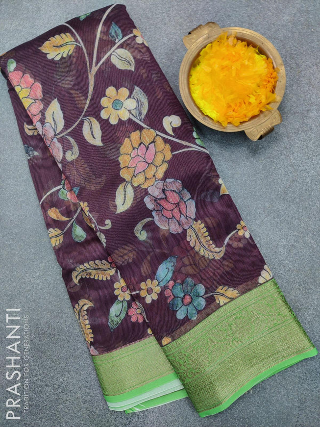Semi chanderi saree wine shade and light green with allover floral prints and banarasi style border - {{ collection.title }} by Prashanti Sarees