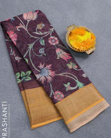 Semi chanderi saree wine shade and mango yellow with allover floral prints and banarasi style border - {{ collection.title }} by Prashanti Sarees