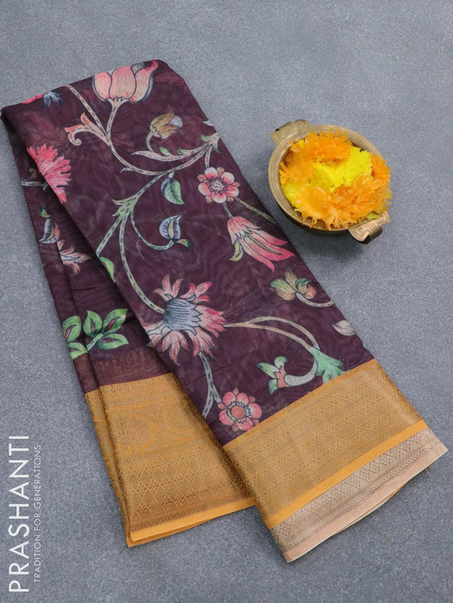 Semi chanderi saree wine shade and mango yellow with allover floral prints and banarasi style border - {{ collection.title }} by Prashanti Sarees