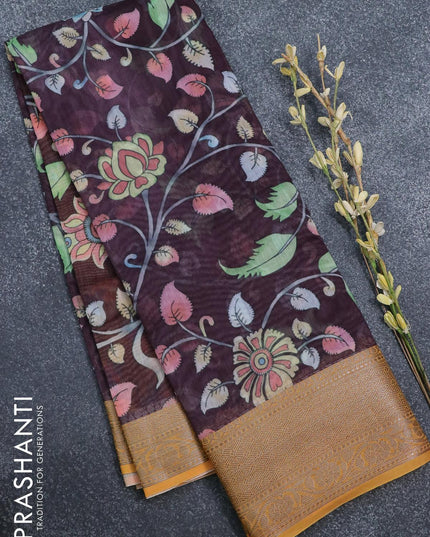 Semi chanderi saree wine shade and yellow with allover floral prints and banarasi style border - - {{ collection.title }} by Prashanti Sarees