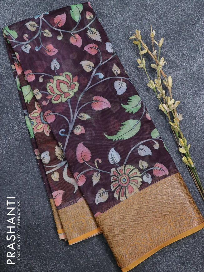 Semi chanderi saree wine shade and yellow with allover floral prints and banarasi style border - - {{ collection.title }} by Prashanti Sarees