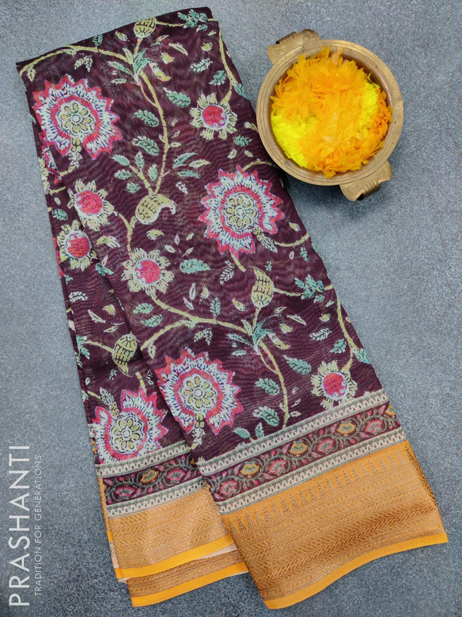 Semi chanderi saree wine shade and yellow with allover prints and banarasi style border - {{ collection.title }} by Prashanti Sarees