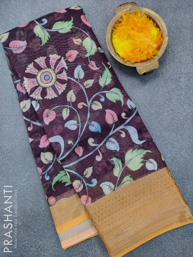 Semi chanderi saree wine shade and yellow with kalamkari prints and banarasi style border - {{ collection.title }} by Prashanti Sarees