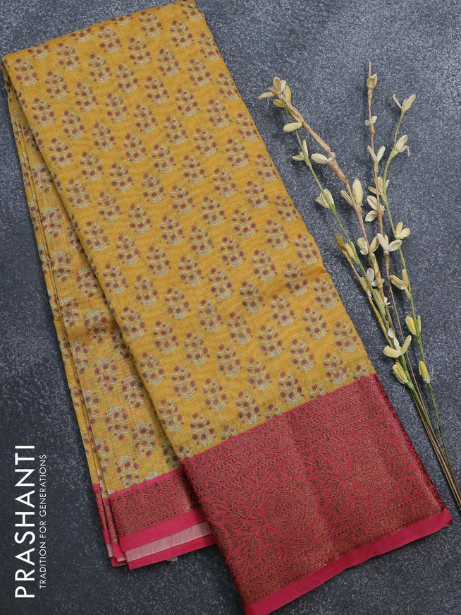 Semi chanderi saree yellow and pink with allover butta prints and banarasi style border - - {{ collection.title }} by Prashanti Sarees