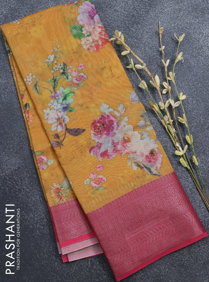 Semi chanderi saree yellow and pink with allover floral prints and banarasi style border - - {{ collection.title }} by Prashanti Sarees