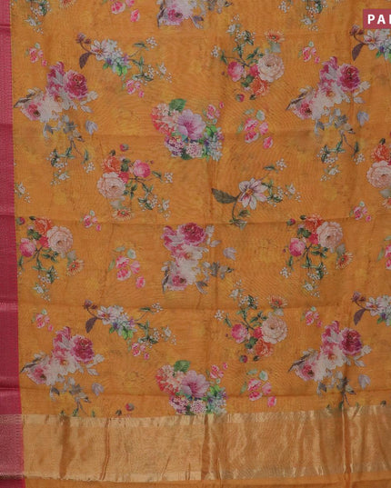 Semi chanderi saree yellow and pink with allover floral prints and banarasi style border - - {{ collection.title }} by Prashanti Sarees