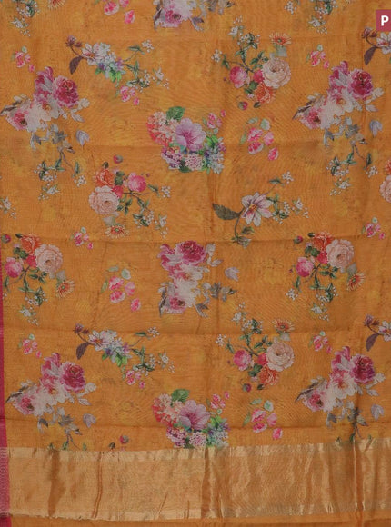 Semi chanderi saree yellow and pink with allover floral prints and banarasi style border - - {{ collection.title }} by Prashanti Sarees