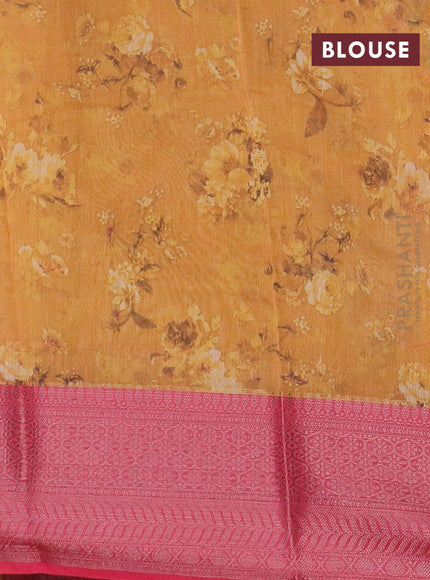 Semi chanderi saree yellow and pink with allover floral prints and banarasi style border - - {{ collection.title }} by Prashanti Sarees