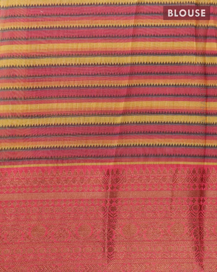Semi chanderi saree yellow and pink with allover floral prints and banarasi style border - - {{ collection.title }} by Prashanti Sarees