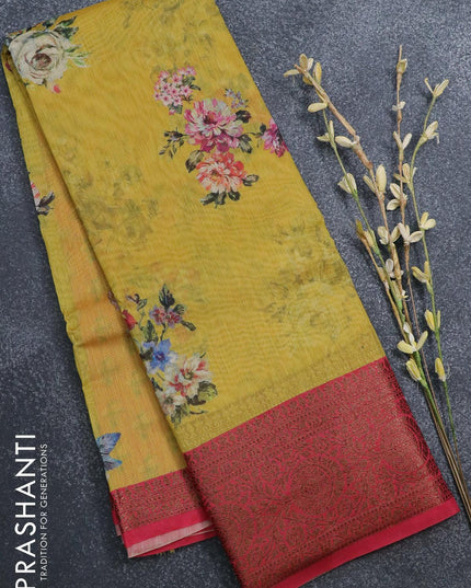 Semi chanderi saree yellow and pink with allover prints and banarasi style border - - {{ collection.title }} by Prashanti Sarees