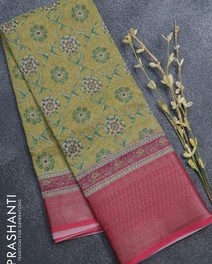 Semi chanderi saree yellow shade and pink with allover prints and banarasi style border - - {{ collection.title }} by Prashanti Sarees