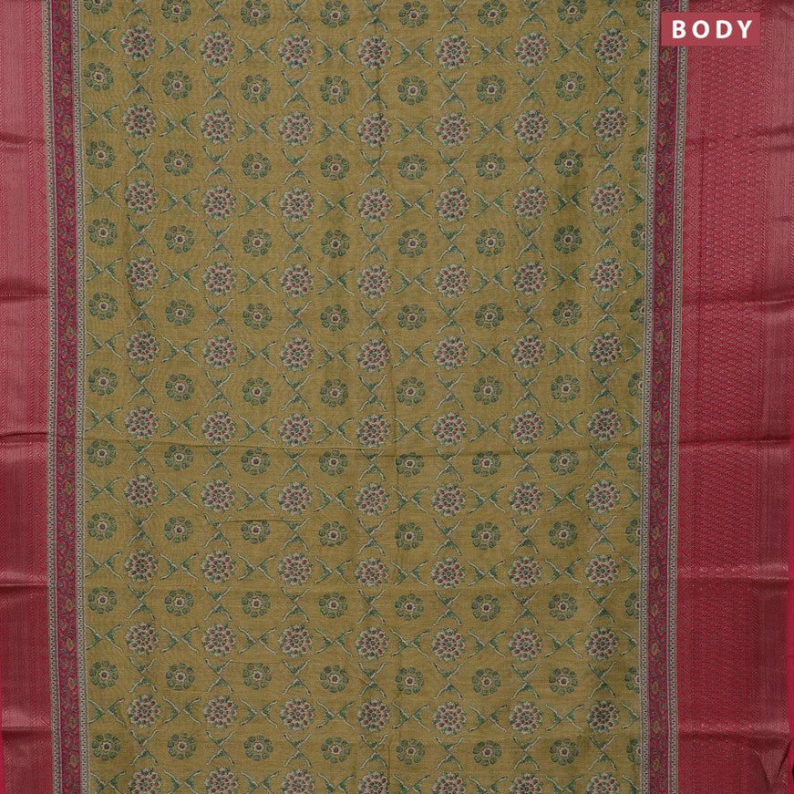 Semi chanderi saree yellow shade and pink with allover prints and banarasi style border - - {{ collection.title }} by Prashanti Sarees
