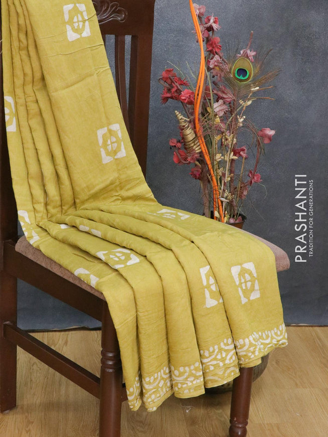 Semi Chanderi saree yellowish green with batik prints - {{ collection.title }} by Prashanti Sarees
