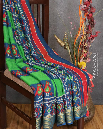 Semi chiffon saree green and blue with allover prints and zari woven border - LBZ0949 - {{ collection.title }} by Prashanti Sarees