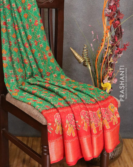 Semi chiffon saree green and dark orange with allover prints and zari woven border - LBZ0975 - {{ collection.title }} by Prashanti Sarees
