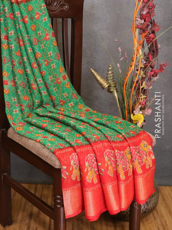 Semi chiffon saree green and dark orange with allover prints and zari woven border - LBZ0975 - {{ collection.title }} by Prashanti Sarees