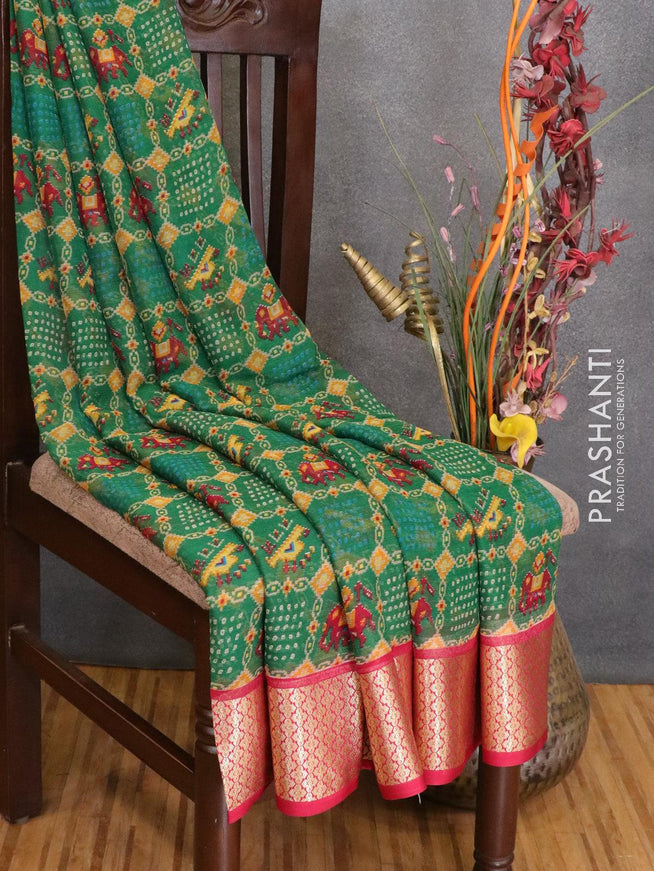 Semi chiffon saree green and dark pink with allover prints and zari woven border - LBZ1008 - {{ collection.title }} by Prashanti Sarees