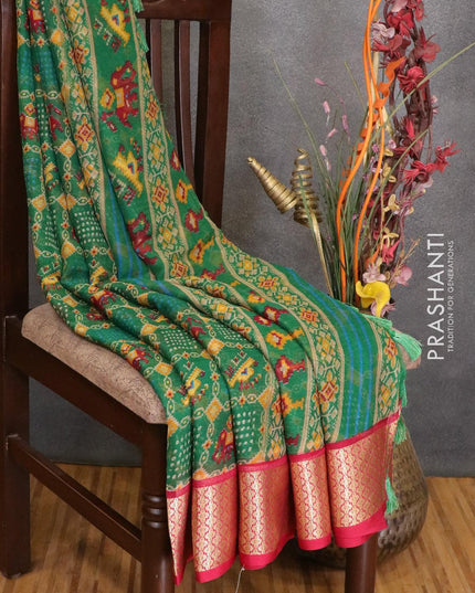 Semi chiffon saree green and dark pink with allover prints and zari woven border - LBZ1008 - {{ collection.title }} by Prashanti Sarees