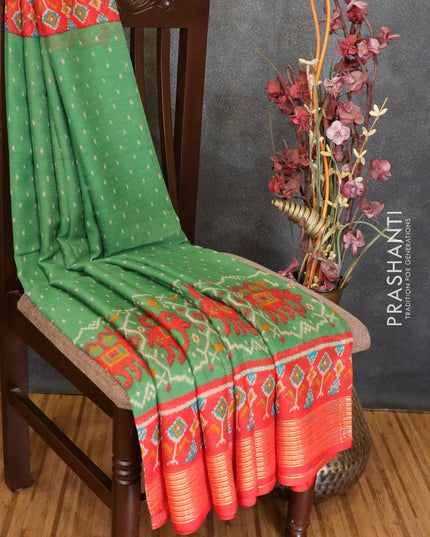 Semi chiffon saree green and orange with allover prints and zari woven border - LBZ0989 - {{ collection.title }} by Prashanti Sarees