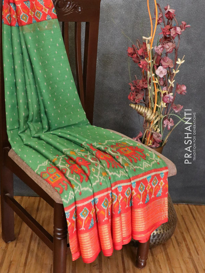 Semi chiffon saree green and orange with allover prints and zari woven border - LBZ0989 - {{ collection.title }} by Prashanti Sarees