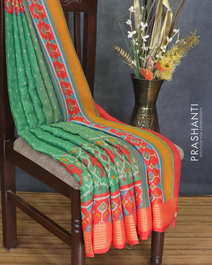 Semi chiffon saree green and orange with allover prints and zari woven border - {{ collection.title }} by Prashanti Sarees