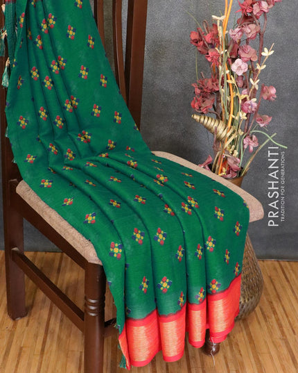 Semi chiffon saree green and red with allover butta prints and zari woven border - LBZ1001 - {{ collection.title }} by Prashanti Sarees
