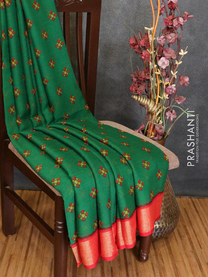 Semi chiffon saree green and red with butta prints and zari woven border - LBZ0955 - {{ collection.title }} by Prashanti Sarees